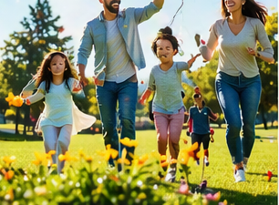 A family running together through a sunny park