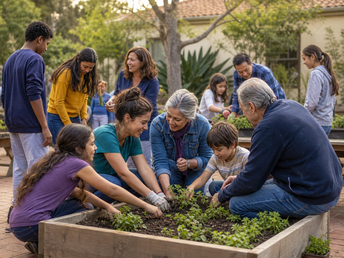 People of several generations planting a community garden together